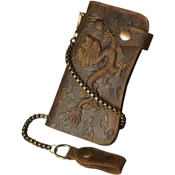 Mens Genuine Leather Bifold Wallet Organizer Checkbook Iron Chain - Picture 8 of 8